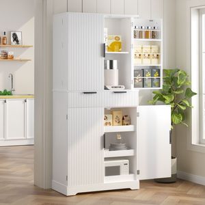 Armoire de cuisine cannelée de 72 pouces avec 3 tiroirs pour claviers, 6 portes et étagères, blanche, autoportante, modèle de rangement ajustable - Product Image 3