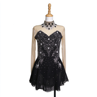 Robe de patinage et de danse noire pour enfants et adultes, col montant, manches longues en maille, dos découpé avec strass, pour compétition et spectacle de patinage sur glace