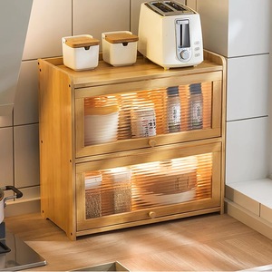 Multifunctional countertop storage box with transparent acrylic sliding <b>door</b>, 2-layer bamboo kitchen storage cabinet - Product Image 4