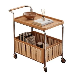 Solid Wood Storage Cart With Rattan Shelf Stainless Steel Frame Living Room <b>Bar</b> Cart - Product Image 4