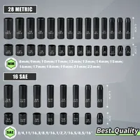 Jeu de douilles à choc de 50 pièces, 3/8 pouces, 6 pans, standard métrique (8-22 mm) et SAE (5/16-3/4 pouces), douilles en acier Cr-V