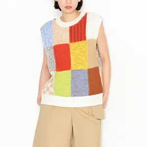 Weshallo Canvas Puzzle O Neck Sleeveless Waistcoat Custom 100% Cotton Knitted Sweater Vest Women