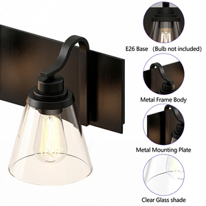 Lámpara de tocador moderna de 4 luces sobre espejo, aplique de pared negro mate <span class=keywords><strong>para</strong></span> baño con pantalla de cristal transparente - Product Image 3