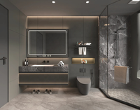 Meuble-lavabo flottant de luxe personnalisé avec miroir LED rétroéclairé irrégulier, vasque noire en pierre frittée et design cannelé, idéal pour hôtels