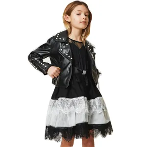 子供のための女の子のボンバージャケット6-12ジッパーとボタン留め付きの通気性のあるショートレザージャケット