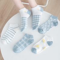Chaussettes courtes d'été en coton respirant à carreaux bleus pour filles et femmes, vente en gros