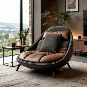 Fauteuil contemporain en <span class=keywords><strong>cuir</strong></span> et tissu, fauteuil inclinable rond minimaliste moderne, siège individuel de <span class=keywords><strong>club</strong></span>, bureau, hôtel - Product Image 3