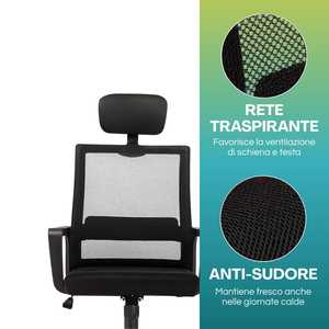 Sedia da Ufficio Ergonomica Nera con Schienale in Rete, Altezza Regolabile, Poggiatesta e Braccioli - Product Image 4
