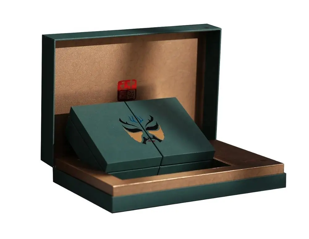 진한 녹색 베이징 오페라 얼굴 메이크업 디자인 차 포장 선물 상자 두 작은 사각형 상자