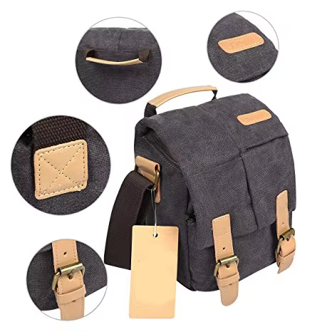 Vintage DSLR Camera Shoulder Messenger Bag Waterproof Canvas Trim Polyester Material with Zipper Closure