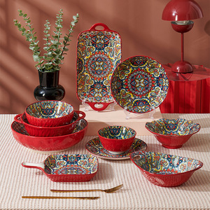 Ensemble de bols de vaisselle en céramique bohème transfrontaliers grands bols de soupe au riz jetables avec assiettes à <span class=keywords><strong>motif</strong></span> végétal unique - Product Image 1