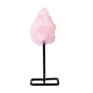 Natural Mini Raw Rough Rose Quartz Healing Crystals Stone on Metal Stand Gemstone Rock Collectible Display Specimen Home Decor