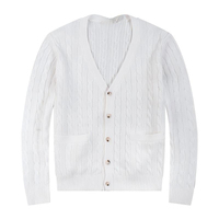 Herren V-Ausschnitt Einreihige Strickjacke mit Knöpfen, Zopfmuster-Strickstoff, Individuell Besticktes Brustlogo