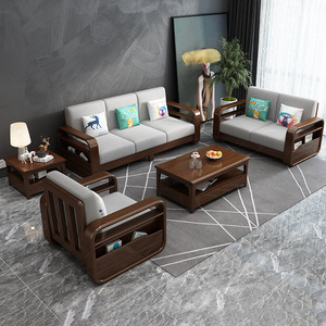 Juego de Sofás de Madera Maciza con Tela de Estilo Nórdico, con Almacenamiento, en Forma de L, Muebles para Sala de Estar, Chaise Longue de Tres Plazas - Product Image 5