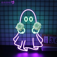 Insegna LED Neon Halloween Fantasma con Fiore Kawaii, USB, Luce da Parete LED, per Decorazioni Stanza Bambini, Design Floreale Personalizzato