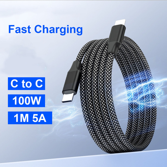 1m 5a Usb Type-c Magnetic Charger Cable Self-winding Nylon Coiled 100w Capacity Fast Charging Data Cord