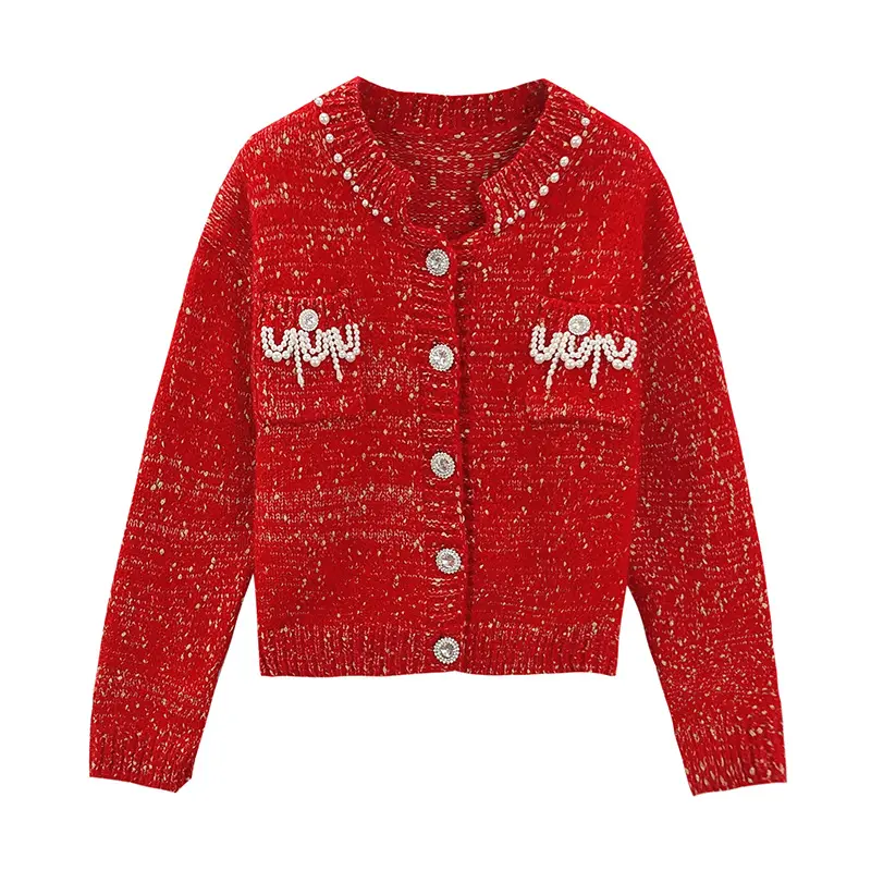 Factory wholesale autumn and winter new red sweater mohair V-neck diamonds button pearl lace cardigan for lady