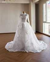Robe de mariée moderne Feishiluo en mousseline coupe trapèze à manches longues, avec dentelle française cordonnée de haute qualité, traîne chapelle et perles