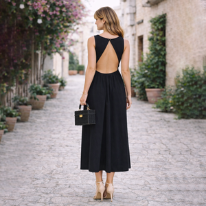 Robe longue maxi noire sans manches pour femme, dos ouvert, élégante, coupe trapèze, usine de vêtements OEM ODM - Product Image 3