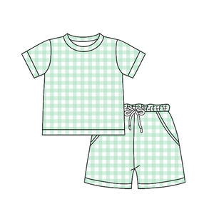 BSSO1898 custom Boutique Baby boy green <b>plaid</b> print Clothing Set summer Outfits Wholesale set - Product Image 1