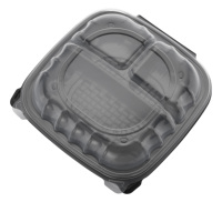 Wegwerp plastic bakje met 3 compartimenten, zwart transparant, scharnierend, voor afhaalmaaltijden/clamshell verpakking