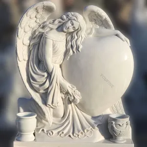 Cemetery White Marble Angel Headstone With Heart For Monument