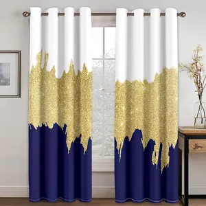 Kunden spezifische Luxus Digital 3d Blue Gold Glitter gedruckt Polyester Schlafzimmer Tülle Blackout Vorhänge Vorhänge
