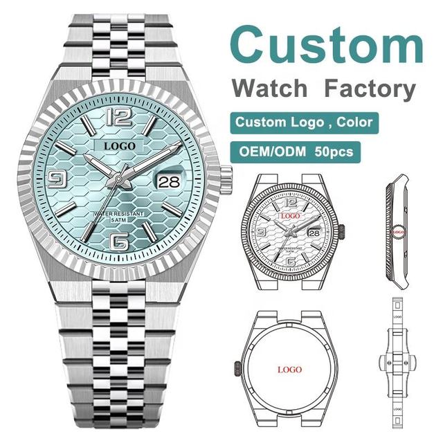 OEM Private Label Watch Custom Logo textured ice-blue dial Japan 8215 automatic Movement Stainless Steel Watch 40mm High Quality