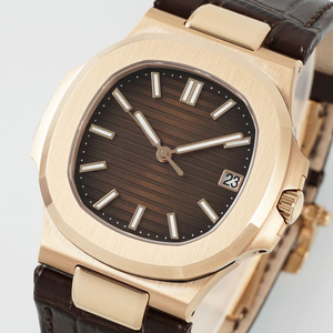 Montre mécanique de luxe en or rose pour hommes, bracelet en cuir de crocodile marron, cadran rayé marron foncé, affichage de la date, montre-bracelet classique - Product Image 2