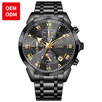 Montres chronographes personnalisées de luxe décontractées OEM ODM avec logo, montre pour homme, calendrier, phase de lune, montre à quartz étanche pour homme