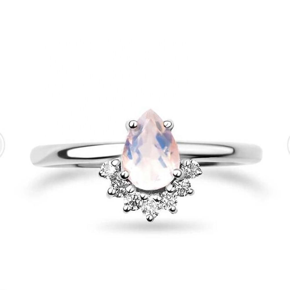 14kt oro rosa joyería de la piedra lunar con diamante corte Pera, anillo de piedra