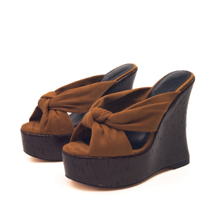 Women Wooden Prints Pumps High Wedge Heels Suede Sandals Dress Bow-knotted Thick Platform on Mules Peep Toe <b>Shoes</b> - Product Image 5