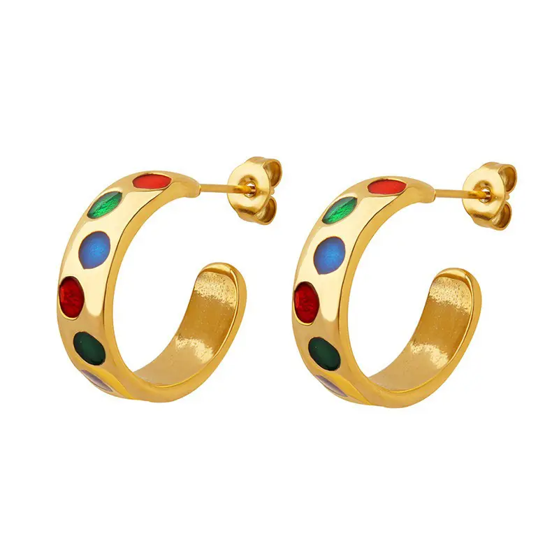 Elegant 18K Gold Platedสแตนเลสเครื่องประดับกันน้ําเคลือบสีสันCรูปร่างHoopต่างหูสําหรับหญิง