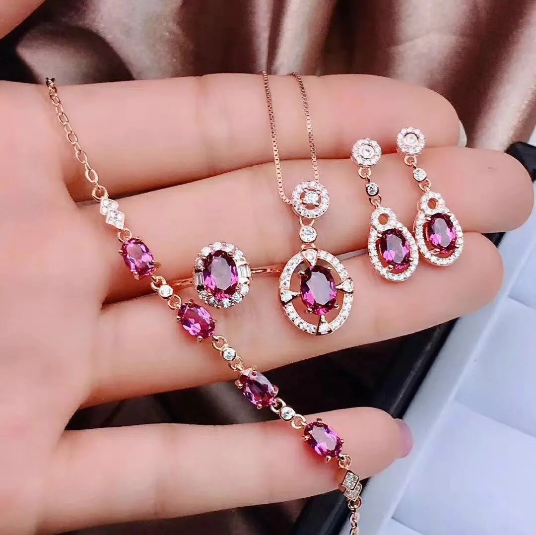 Anting wanita Korea, set perhiasan anting perak wanita terkenal buatan tangan kristal CZ safir merah