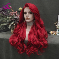 Perruque Lace Front de cheveux synthétiques naturels pré-épilés, couleur rouge feu, longue boucle, amicale à la chaleur