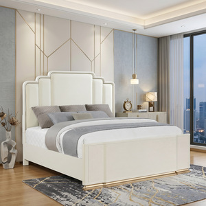 Lit plateforme en bois massif blanc crème avec tête de lit moelleuse et base en métal doré pour adultes et personnes âgées - Product Image 1