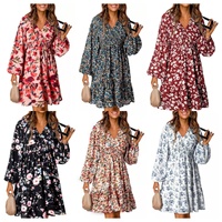 Robe de mariée Dokotoo Printemps Femme Bohème Smocked Col V Manches Longues Lanterne Florale Décontractée Élégante Taille Empire Mini Babydoll