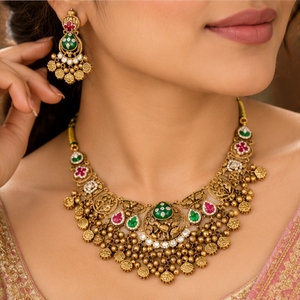 Temple <b>SIlver</b> Gold <b>Necklace</b> <b>Set</b> With Green <b>And</b> Red Stones Bridal Choker <b>Necklace</b> With Matching <b>Earrings</b> South Indian - Product Image 4
