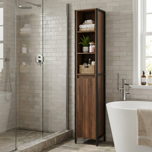 Meuble de salle de bain moderne, haut et étroit, gain de place, en bois et métal, 4 étagères, pour appartement, hôtel, décoration intérieure - Product Image 1