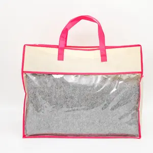 Wholesale non woven clear pvc pillow and bedding storage bag with handle zipper quilt packaging bag