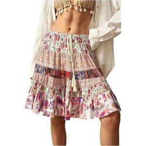 Women's <b>Boho</b> Paisley Short <b>Skirt</b> Tie Knot Flowy A Line Summer Vacation <b>Skirt</b> Cotton Bamboo Fiber Ruffles Breathable Asymmetric - Product Image 1