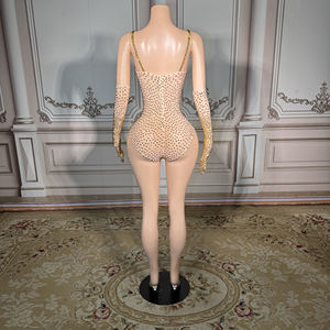 <span class=keywords><strong>Combinaison</strong></span> ZD en strass dorés - Body scintillant à bretelles avec gants assortis pour scène et club - Product Image 2