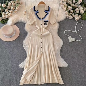 Women's Casual Summer <strong>Dresses</strong> Wholesale Short Sleeve Long Sweater Knit with Crew Neck and Button Decoration Clashing Colours - Product Image 4