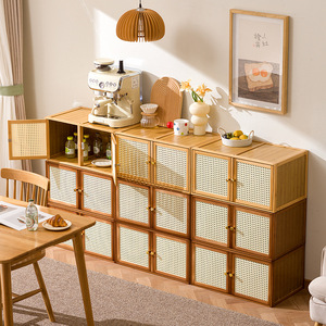 Modular Solid Wood Storage <b>Cabinet</b> Living Room Combination <b>Cabinet</b> With Rattan Door Design For <b>Small</b> Apartment Furniture - Product Image 3