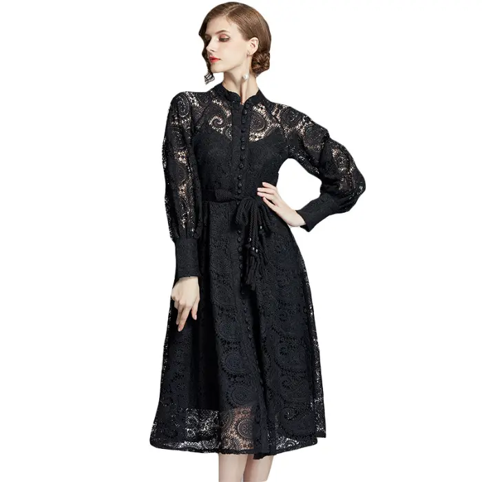 Lantern Sleeve Hollow Out Women Casual Dress Ladies V Neck Elegant Lace Maxi Dresses With Belt
