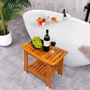 Tabouret de douche en teck 45,7x30,5x45,7 cm, banc de salle de bain avec étagère de rangement - Product Image 3