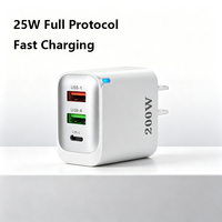 Chargeur rapide USB C 25W 3 ports QC PD avec LED pour Samsung Xiaomi Ordinateur portable Tablette Charge rapide protocole complet