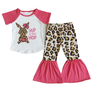 豹纹拼接铃铛底裤儿童套装兔子嘻哈女孩套装婴儿装兔子装童装套装