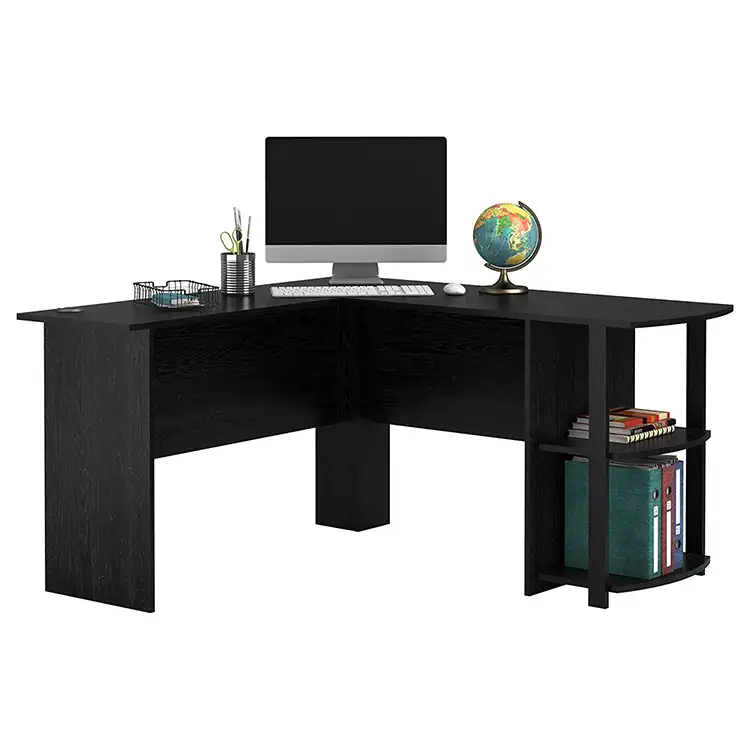 Mesa moderna de madeira para computador, mesa de madeira preta em formato de l para escritório em casa com estante para livros