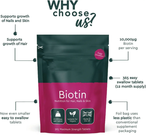 Tabletas Veganas de Biotina de Alta Calidad de Marca Privada, 10000 UI, 365 <span class=keywords><strong>D</strong></span>ías de Apoyo para Cabello, Uñas y Piel, para Adultos, No Apto para Mujeres Embarazadas, en Bolsa - Product Image 3